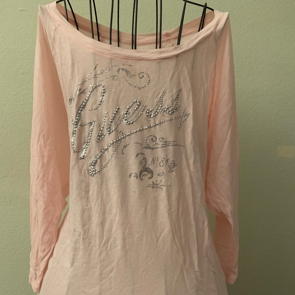 Guess 3/4 sleeve tee pink w/silver bling Sz XL - Picture 1 of 3